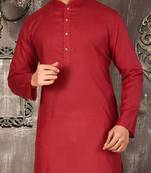 Red cotton kurta with pattern work and fancy button