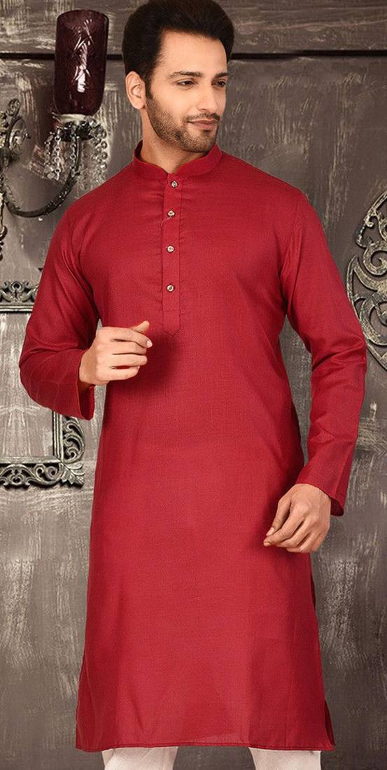 Red cotton kurta with pattern work and fancy button