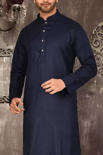 Navy blue cotton kurta with pattern work and fancy button
