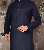 Navy blue cotton kurta with pattern work and fancy button
