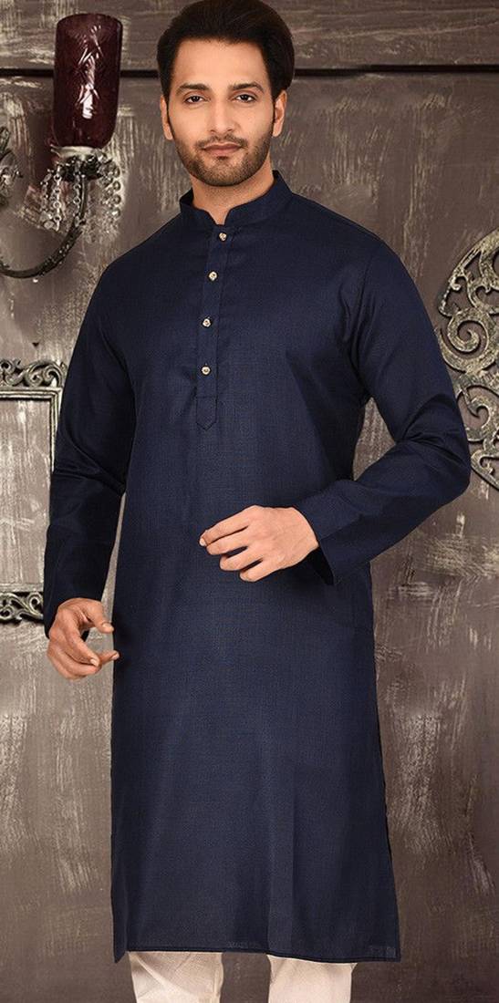 Navy blue cotton kurta with pattern work and fancy button