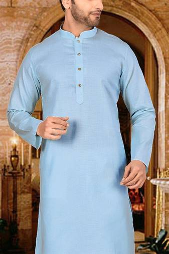 Sky blue cotton kurta with pattern work and fancy button