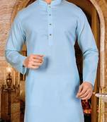 Sky blue cotton kurta with pattern work and fancy button