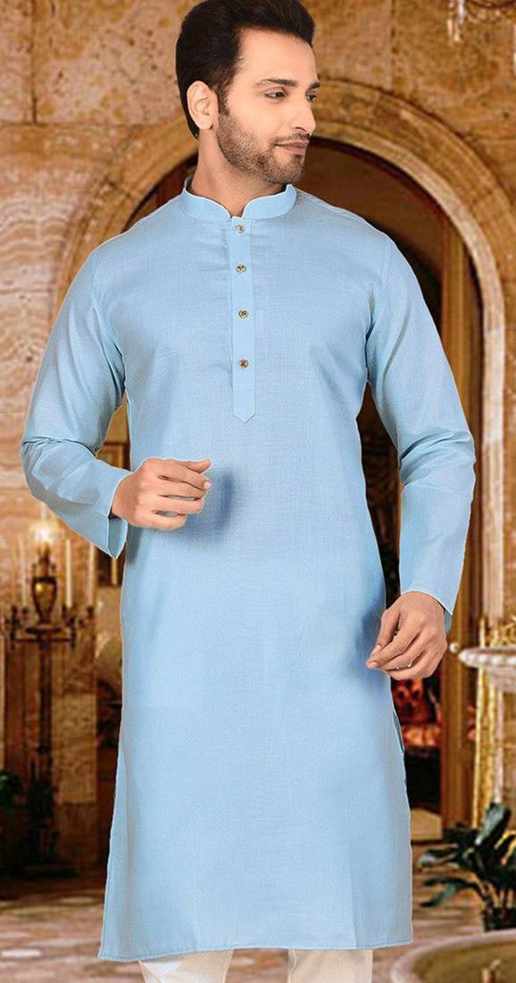 Sky blue cotton kurta with pattern work and fancy button
