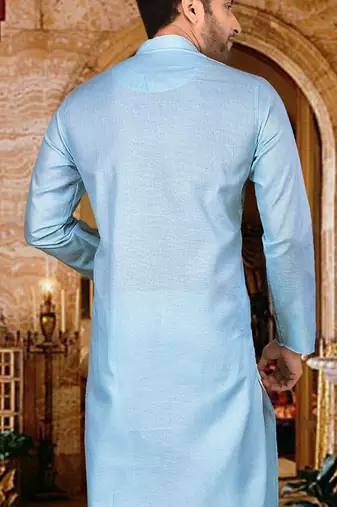 Sky blue cotton kurta with pattern work and fancy button