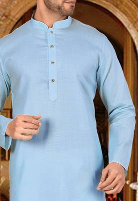 Sky blue cotton kurta with pattern work and fancy button 3