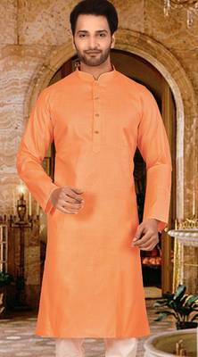 Orange cotton kurta with pattern work and fancy button 1