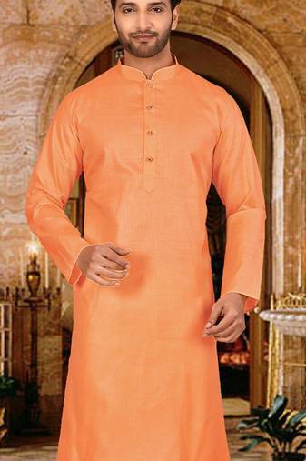 Orange cotton kurta with pattern work and fancy button