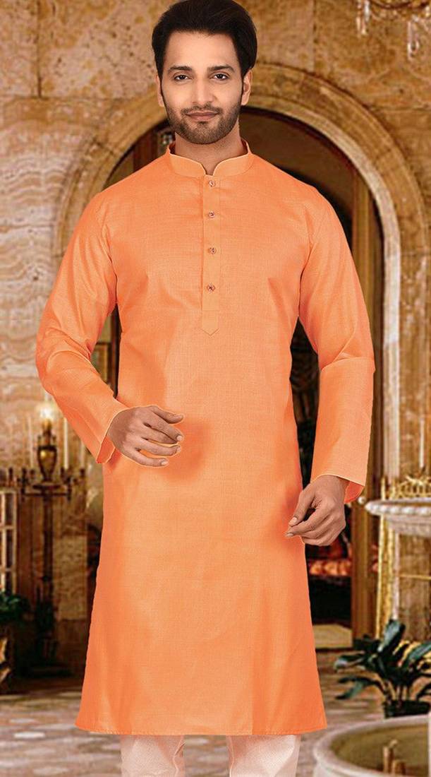 Orange cotton kurta with pattern work and fancy button