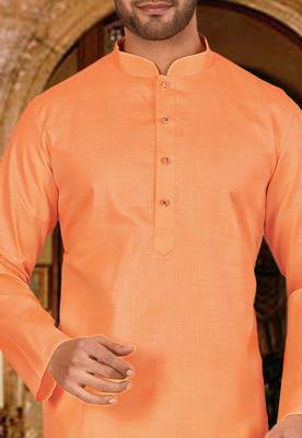 Orange cotton kurta with pattern work and fancy button 2