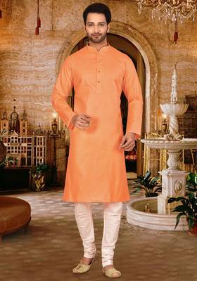 Orange cotton kurta with pattern work and fancy button 4