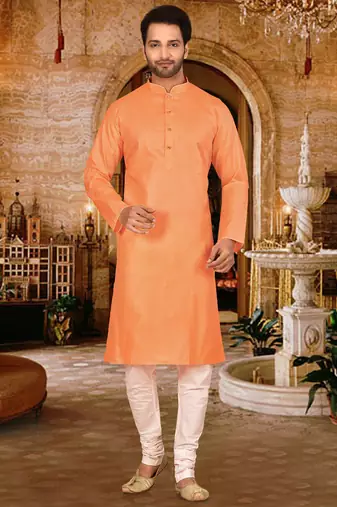 Orange cotton kurta with pattern work and fancy button