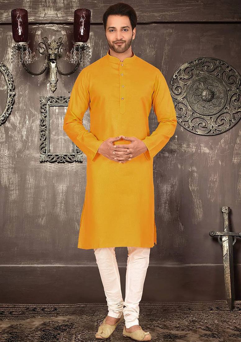 Yellow cotton  kurta with pattern work and fancy button churidar