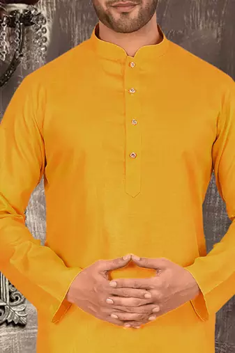 Yellow cotton  kurta with pattern work and fancy button churidar