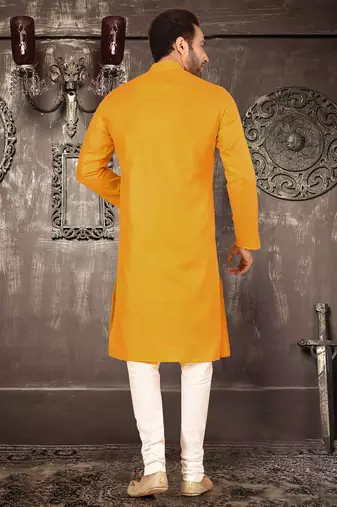 Yellow cotton  kurta with pattern work and fancy button churidar