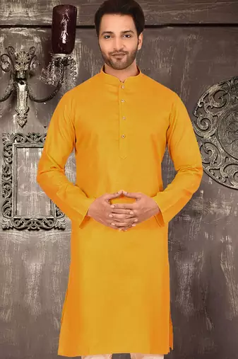Yellow cotton  kurta with pattern work and fancy button churidar