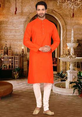 Dark orange cotton  kurta with pattern work and fancy button churidar 1