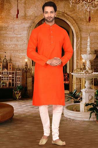 Dark orange cotton  kurta with pattern work and fancy button churidar