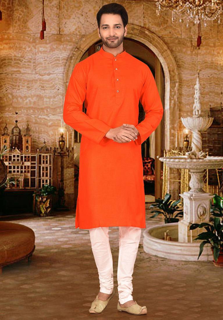 Dark orange cotton  kurta with pattern work and fancy button churidar