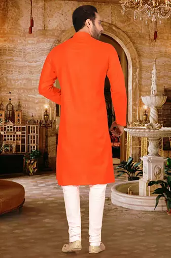 Dark orange cotton  kurta with pattern work and fancy button churidar