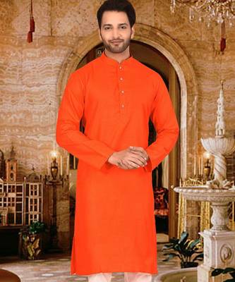 Dark orange cotton  kurta with pattern work and fancy button churidar 4