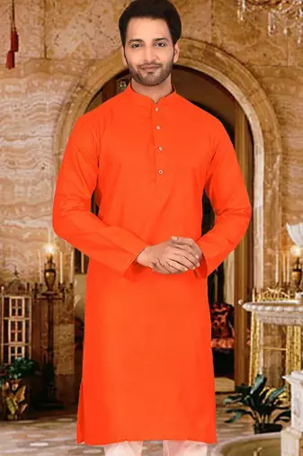Dark orange cotton  kurta with pattern work and fancy button churidar