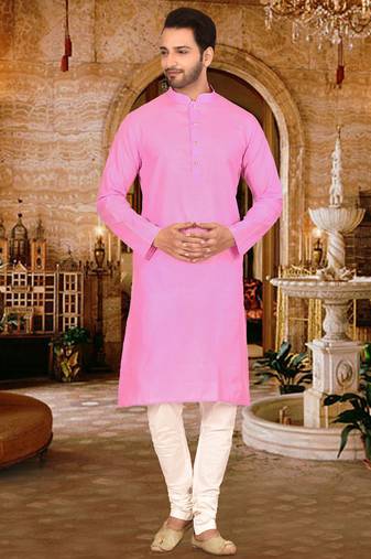Pink cotton  kurta with pattern work and fancy button churidar