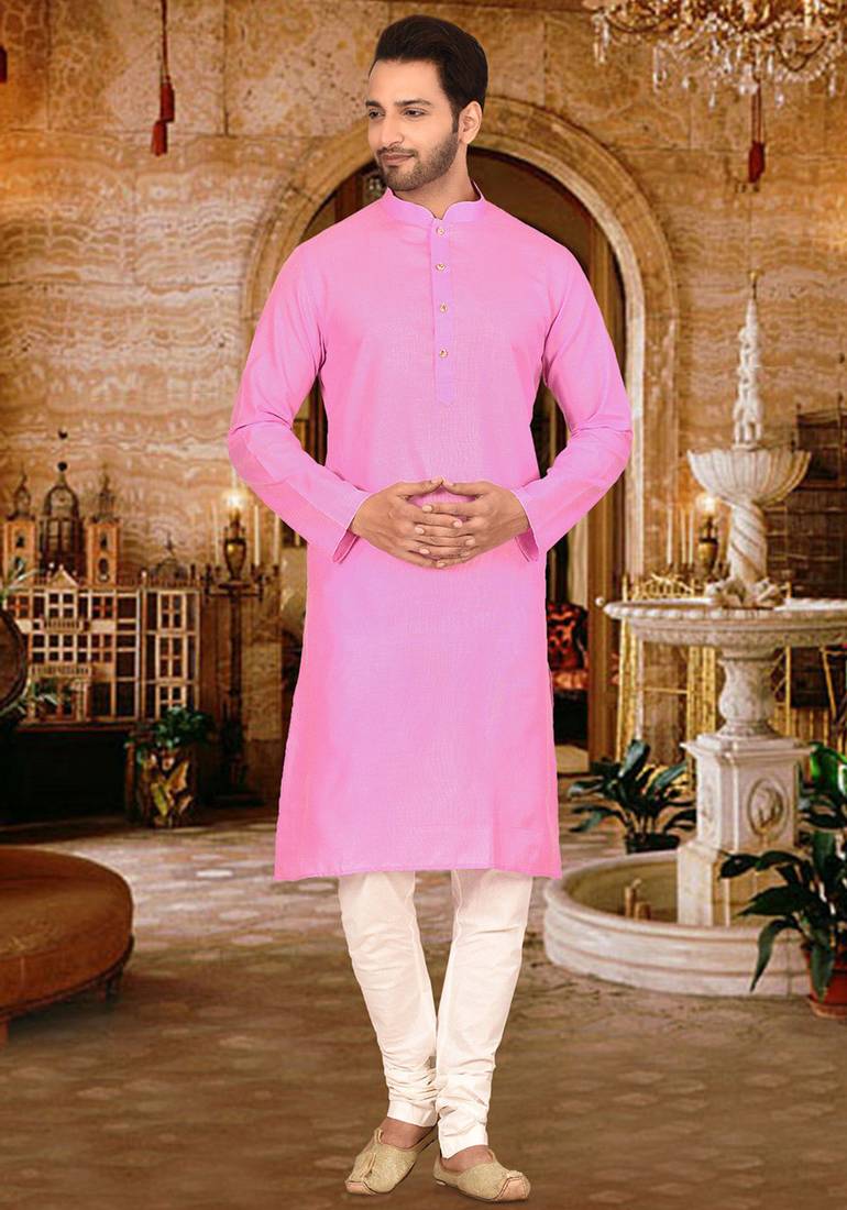 Pink cotton  kurta with pattern work and fancy button churidar