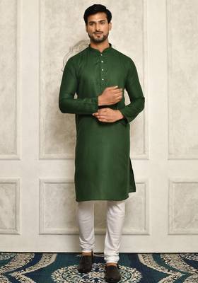 Bottle green cotton  kurta with pattern work and fancy button churidar 1