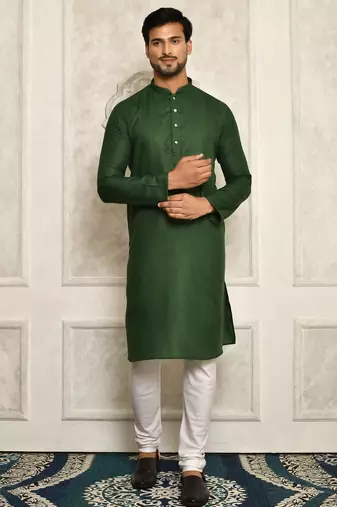 Bottle green cotton  kurta with pattern work and fancy button churidar