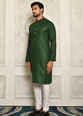 Bottle green cotton  kurta with pattern work and fancy button churidar 2