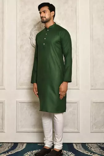 Bottle green cotton  kurta with pattern work and fancy button churidar