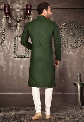 Bottle green cotton  kurta with pattern work and fancy button churidar 3