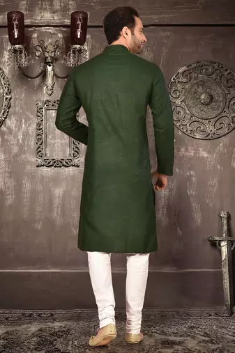 Bottle green cotton  kurta with pattern work and fancy button churidar
