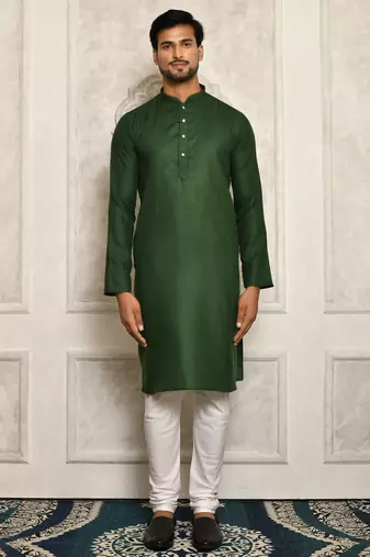 Bottle green cotton  kurta with pattern work and fancy button churidar