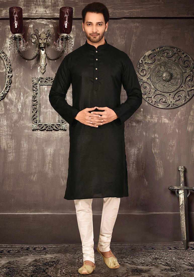 Black cotton  kurta with pattern work and fancy button churidar