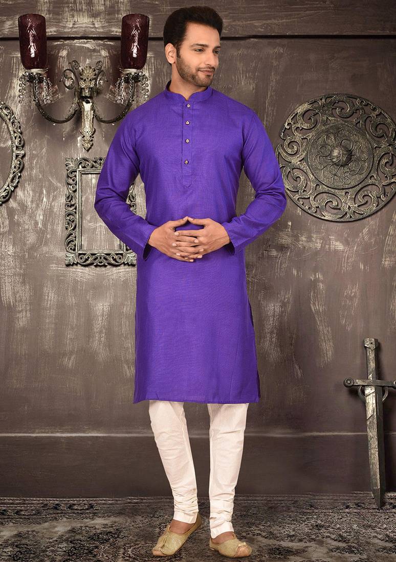 Purple cotton  kurta with pattern work and fancy button churidar