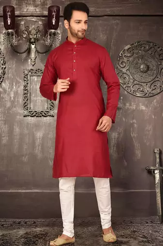 Red cotton  kurta with pattern work and fancy button churidar