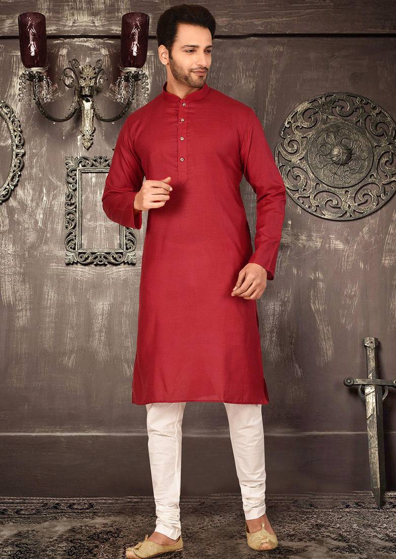 Red cotton  kurta with pattern work and fancy button churidar