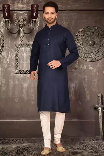 Navy blue cotton kurta with pattern work and fancy button churidar