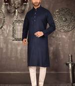 Navy blue cotton kurta with pattern work and fancy button churidar