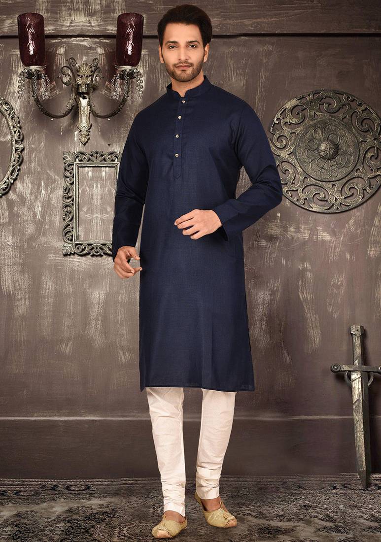 Navy blue cotton kurta with pattern work and fancy button churidar