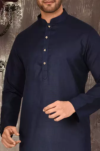 Navy blue cotton kurta with pattern work and fancy button churidar