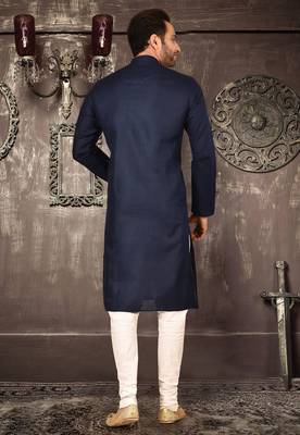 Navy blue cotton kurta with pattern work and fancy button churidar 3