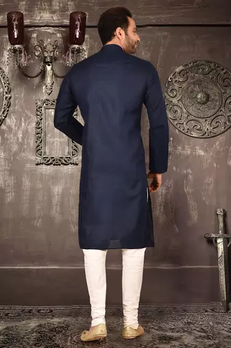 Navy blue cotton kurta with pattern work and fancy button churidar