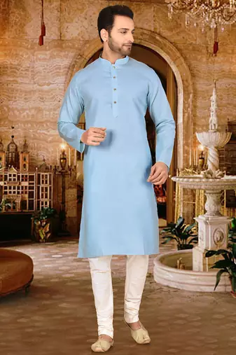 Sky blue cotton kurta with pattern work and fancy button churidar