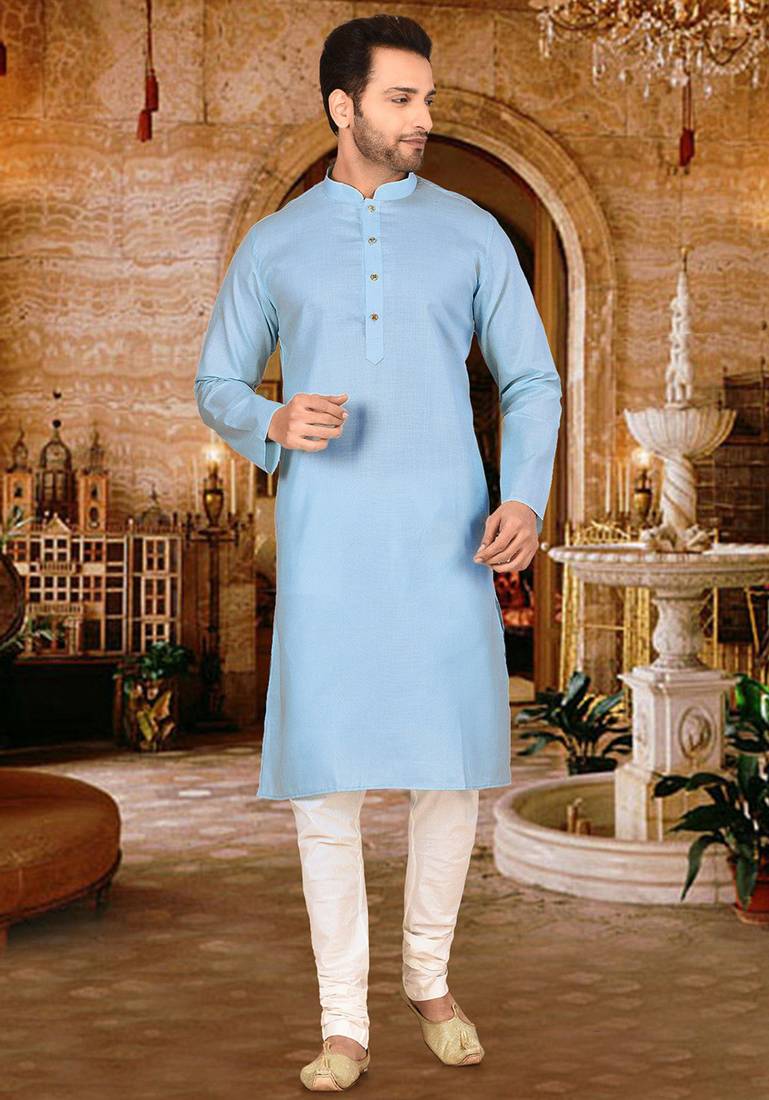 Sky blue cotton kurta with pattern work and fancy button churidar