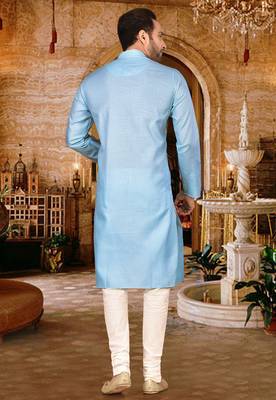 Sky blue cotton kurta with pattern work and fancy button churidar 3