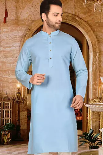 Sky blue cotton kurta with pattern work and fancy button churidar