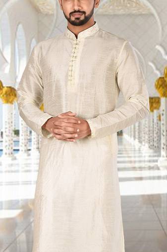 Off white dupion art silk kurta with  computerised embroidery machine work